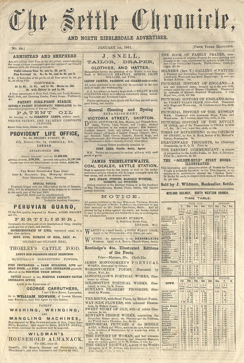 Settle Chronicle 1861 Jan 1 - P1.jpg - The Settle Chronical and North Ribblesdale Advertiser 1861 Jan 1 - Page 1    You may need to Zoom-in to read this newspaper, as the text is small. Either use the Zoom Menu in your browser, or press keys [Ctrl] and [+] 